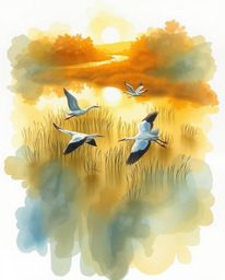 A delicate watercolor painting from a high-angle perspective, capturing the golden hour light in the wetlands with herons fly