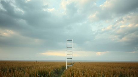 A minimalist scene featuring a silver ladder in an open field beneath a wide, cloudy sky, symbolizing opportunity. This mysti