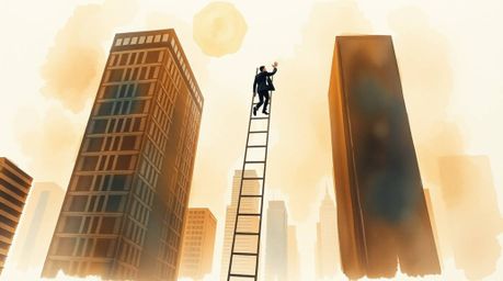 A delicate watercolor painting depicts an abstract concept of success, showing a businessperson climbing a transparent ladder