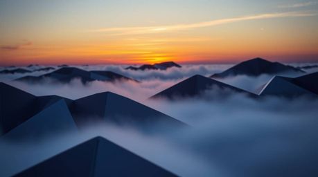 A captivating close-up showcases the intricate details of fog-shrouded hills at sunset, rendered in an origami-like style. Th