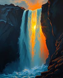 A dramatic, cinematic oil painting of a sunset behind a dramatic waterfall. This piece features rich textures and visible bru