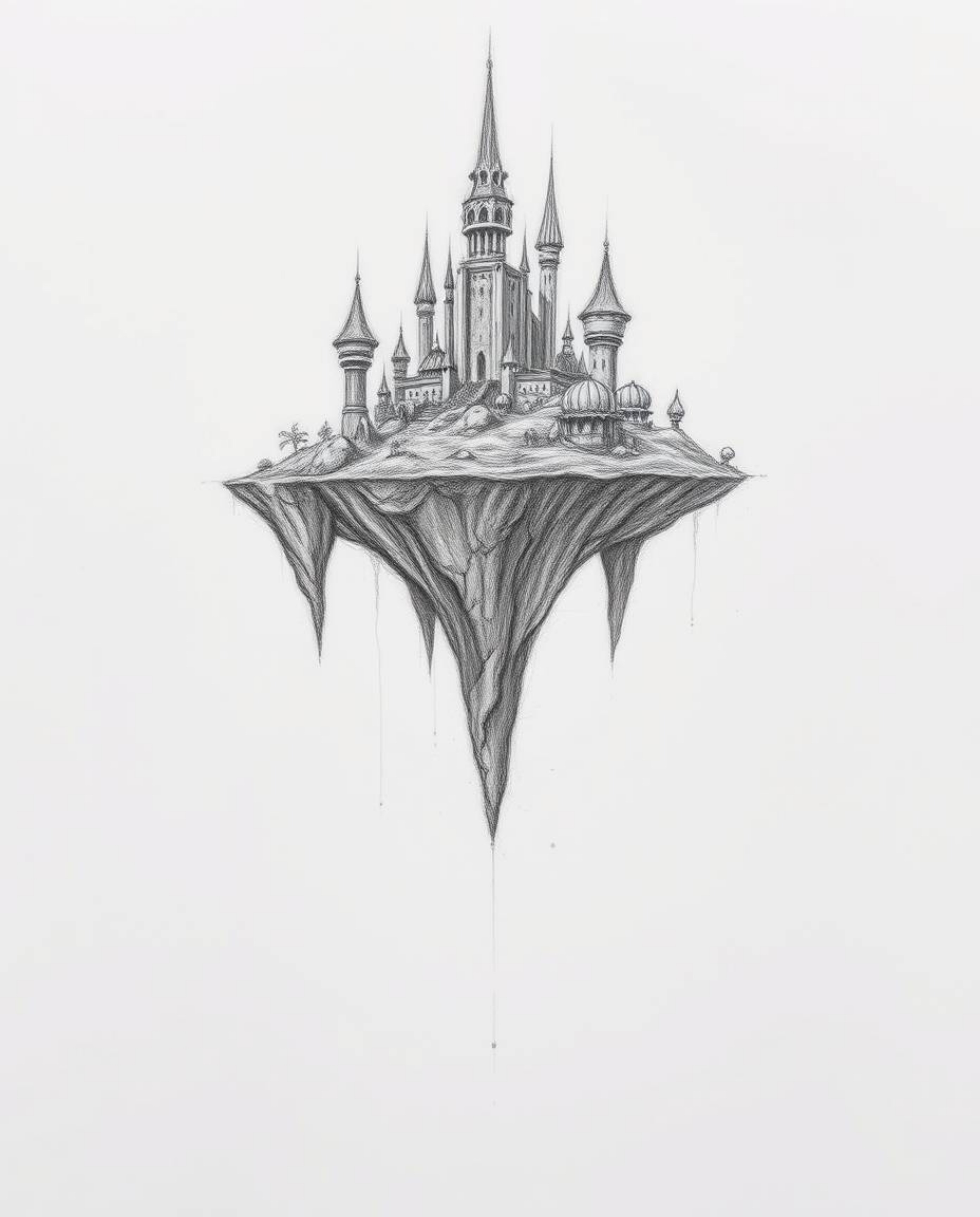 Explore a surreal floating island presented as a hand-drawn sketch in infrared tones. The island's strange architecture and o