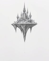 Explore a surreal floating island presented as a hand-drawn sketch in infrared tones. The island's strange architecture and o