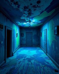 A captivating artwork depicting a room exploding with vibrant paint, rendered in cool hues of blues, greens, and purples. The