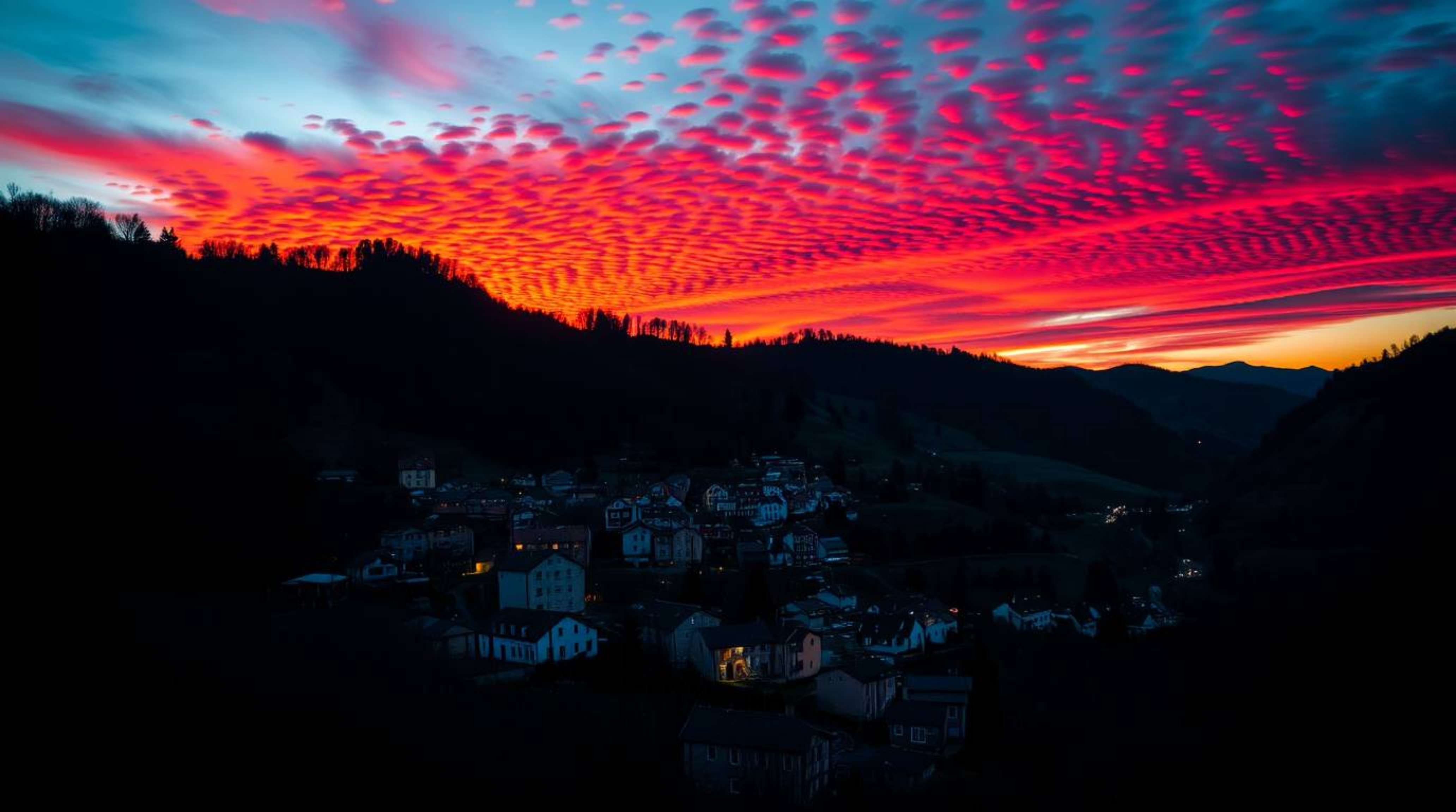 A high-resolution stock photo showcasing a cozy village nestled in a valley beneath a vibrant sky, employing chiaroscuro ligh