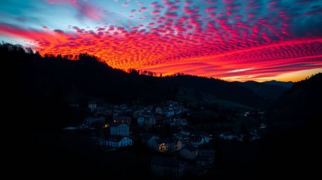 A high-resolution stock photo showcasing a cozy village nestled in a valley beneath a vibrant sky, employing chiaroscuro ligh