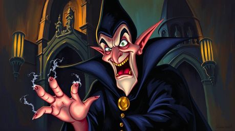 This striking acrylic painting portrays a classic Disney villain, characterized by exaggerated features and dark attire, engr