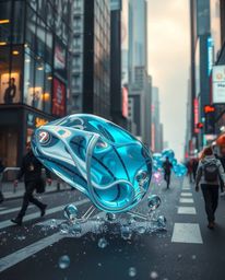 Capture the essence of a modern, futuristic urban landscape with candid street photography showcasing glassy fluid 3D shapes 