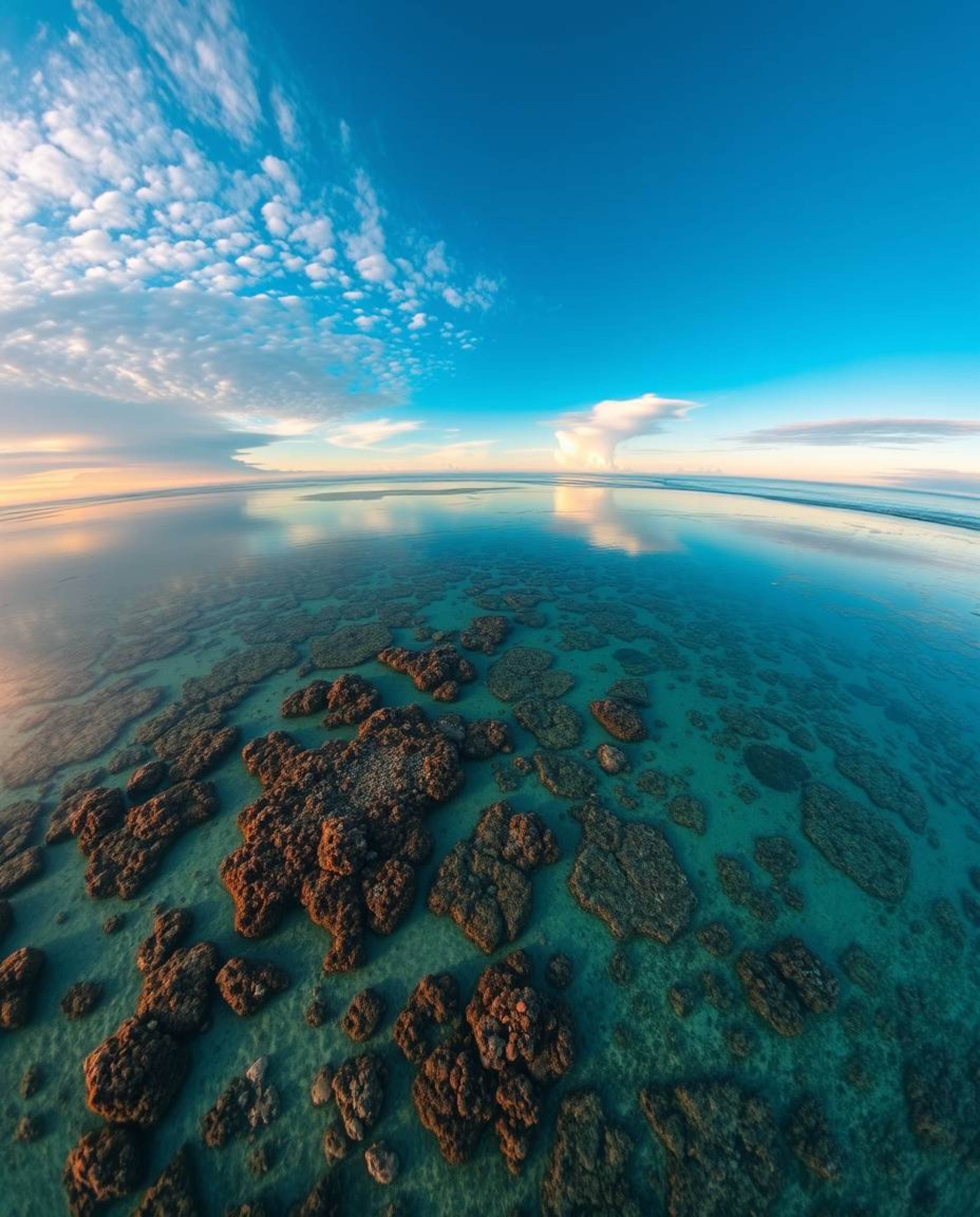 An overhead bird's-eye view captures a stunning scene of a coral reef at low tide under a colorful sky. This top-down perspec