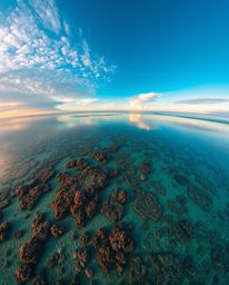 An overhead bird's-eye view captures a stunning scene of a coral reef at low tide under a colorful sky. This top-down perspec