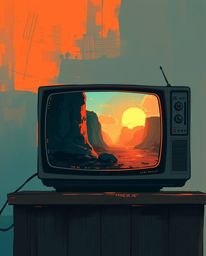 A captivating digital painting showcasing an Isekai anime scene displayed on a vintage TV screen, complete with glitch static