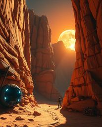 A futuristic sci-fi style artwork portrays a sunset illuminating sandstone canyon cliffs. The scene is characterized by stron