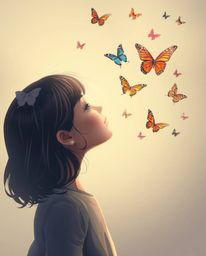 A captivating image of a girl gently releasing beautiful butterflies into the air.  The scene is rendered with a smooth, seam