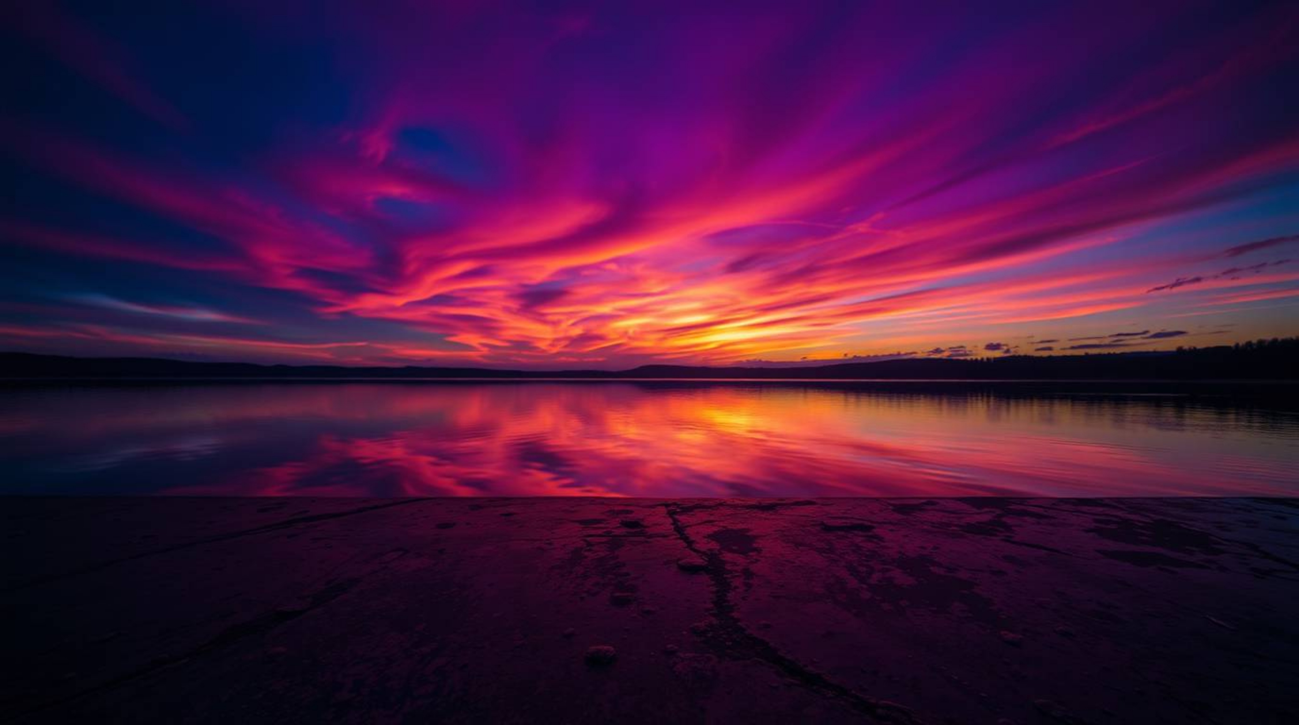 A breathtaking image of a serene lake mirroring a vivid sunset sky, rendered in captivating deep ultraviolet hues cast upon a