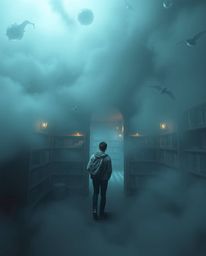 Explore a hidden underground library shrouded in thick fog, creating a dreamlike and surreal atmosphere with low visibility a
