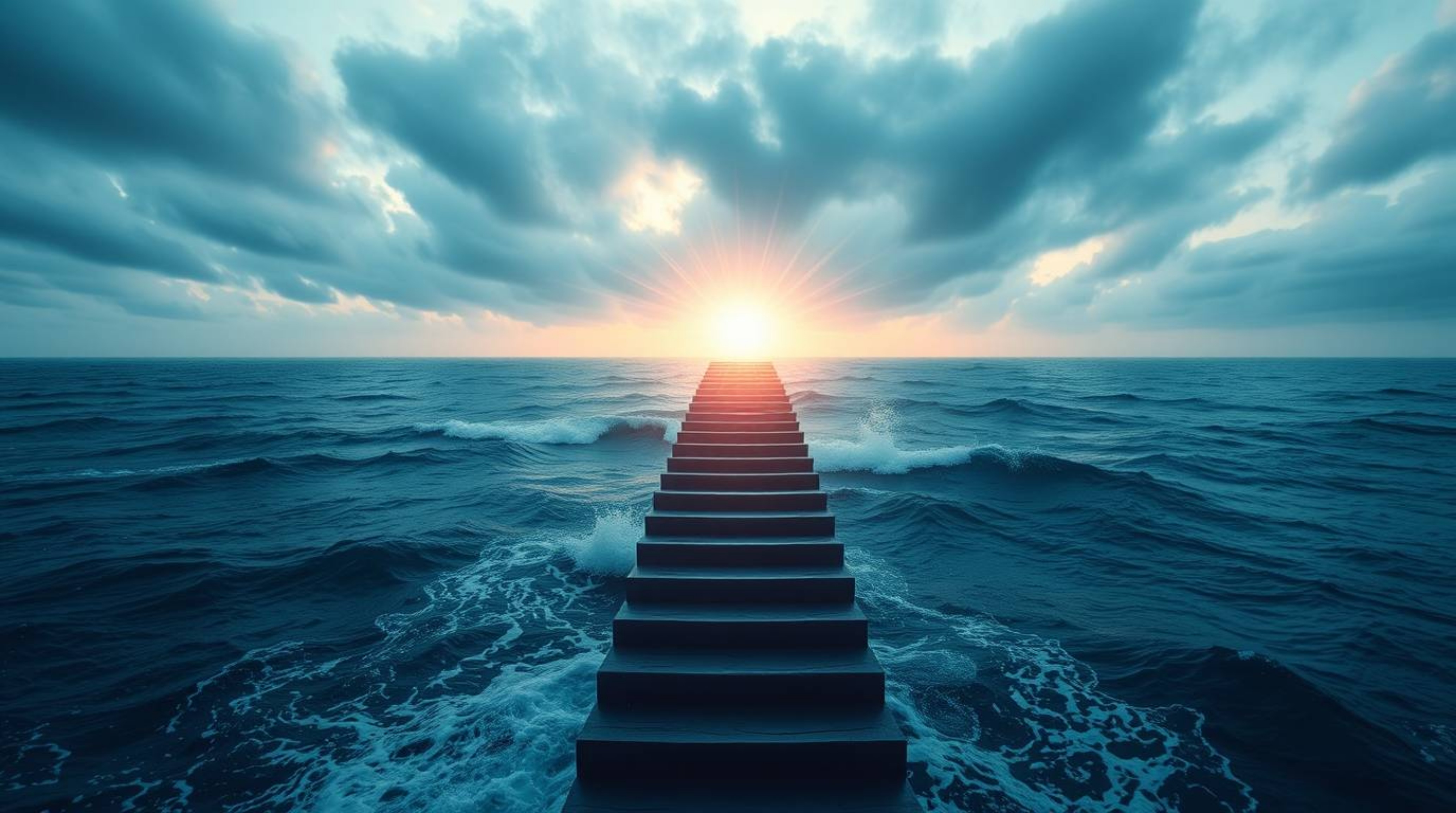 This logo concept features a dramatic ocean staircase ascending towards a stormy sky illuminated by a divine sunburst. The de