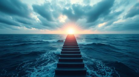 This logo concept features a dramatic ocean staircase ascending towards a stormy sky illuminated by a divine sunburst. The de