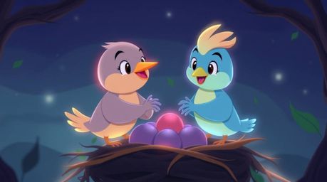 Delightful animation featuring two cartoon birds constructing a nest in a classic style. The scene is enhanced by vibrant, g