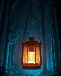 An epic, modern future scene showcases a glowing lantern in a dark forest, bathed in intense dramatic lighting with lens glow