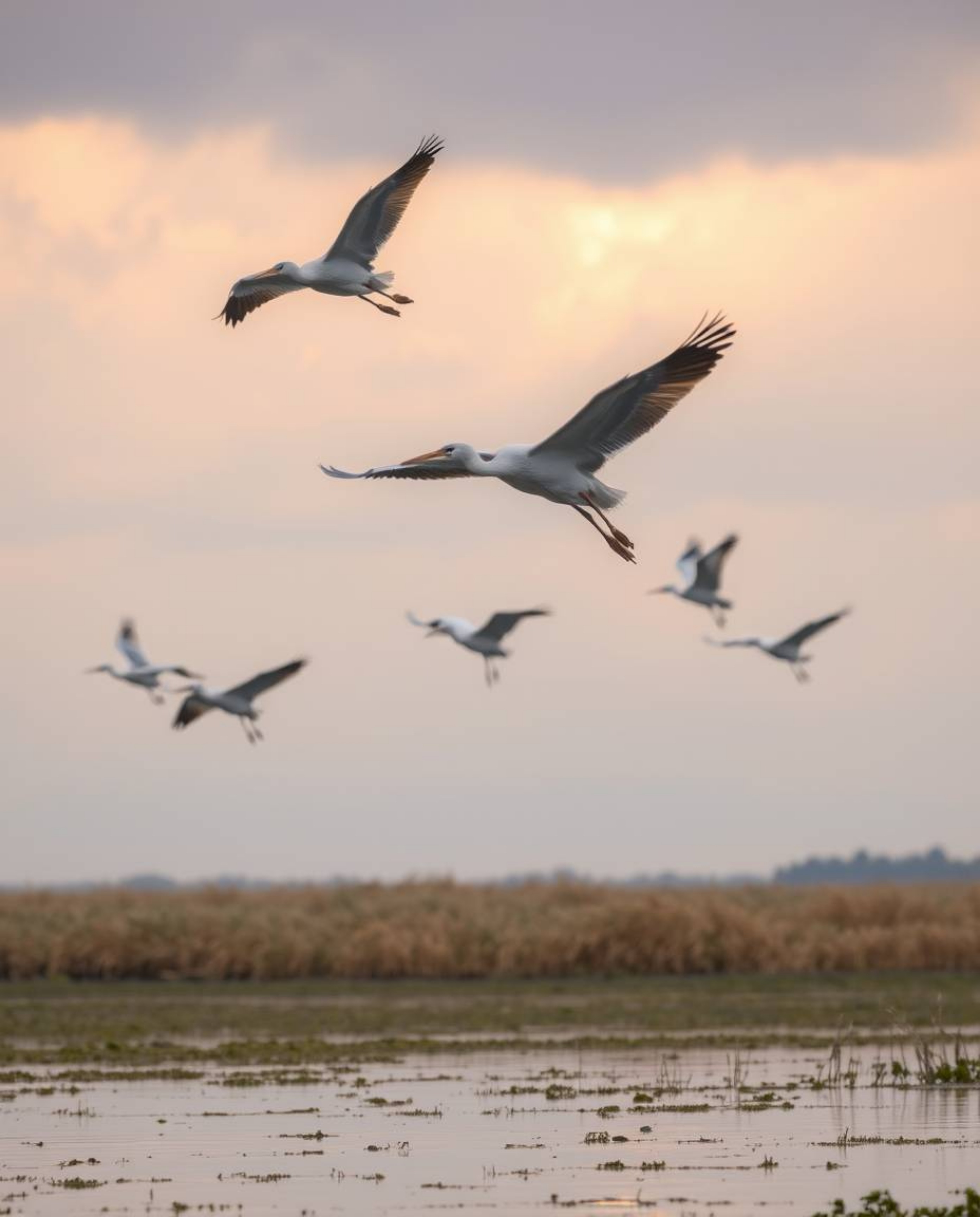 A depiction of a Golden hour wetland in soft pastel colors, featuring herons in flight against stormy skies. This artwork cre