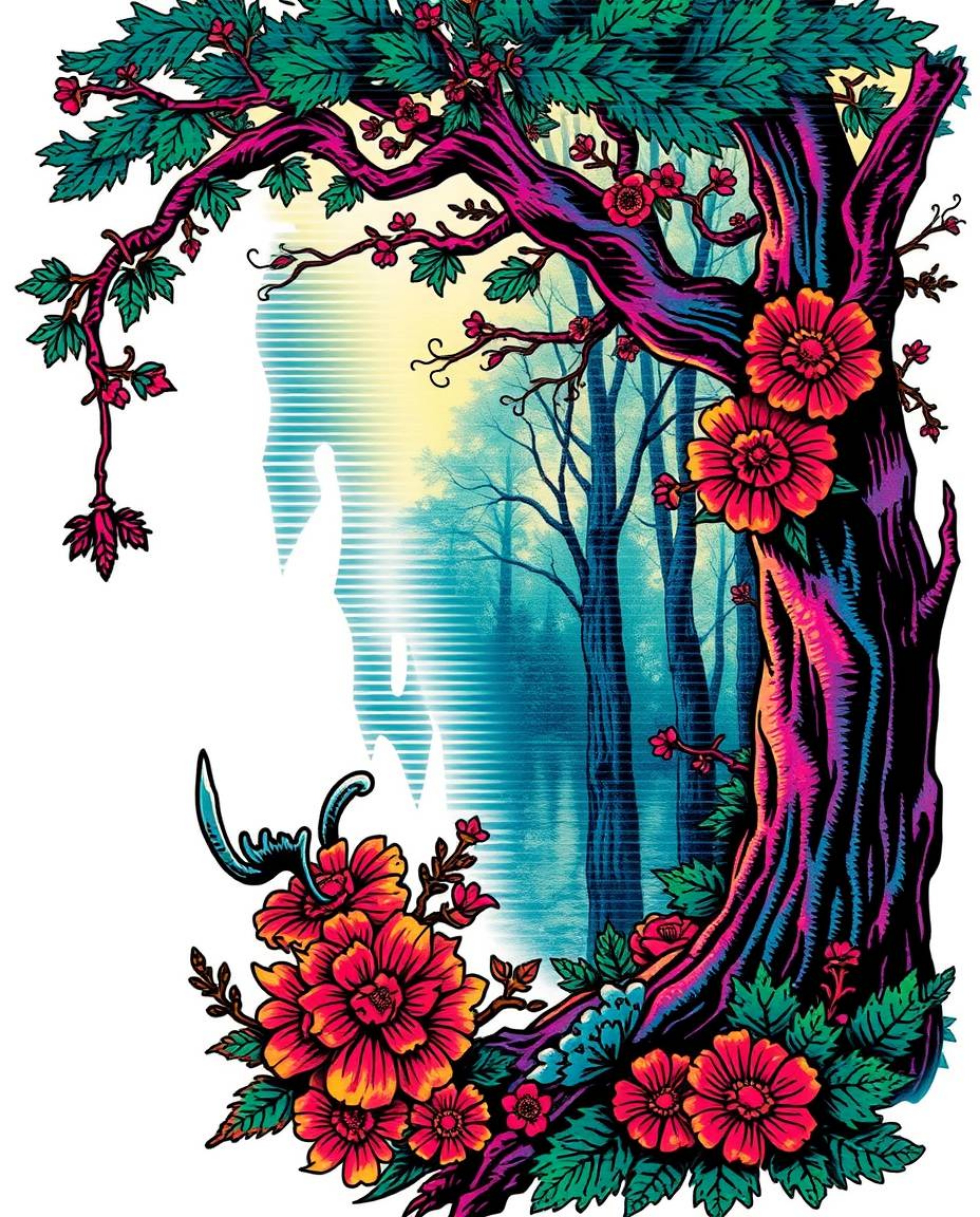 A vibrant traditional tattoo art print features a complex ornamental design with a subtle digital glitch effect integrated in