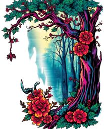 A vibrant traditional tattoo art print features a complex ornamental design with a subtle digital glitch effect integrated in