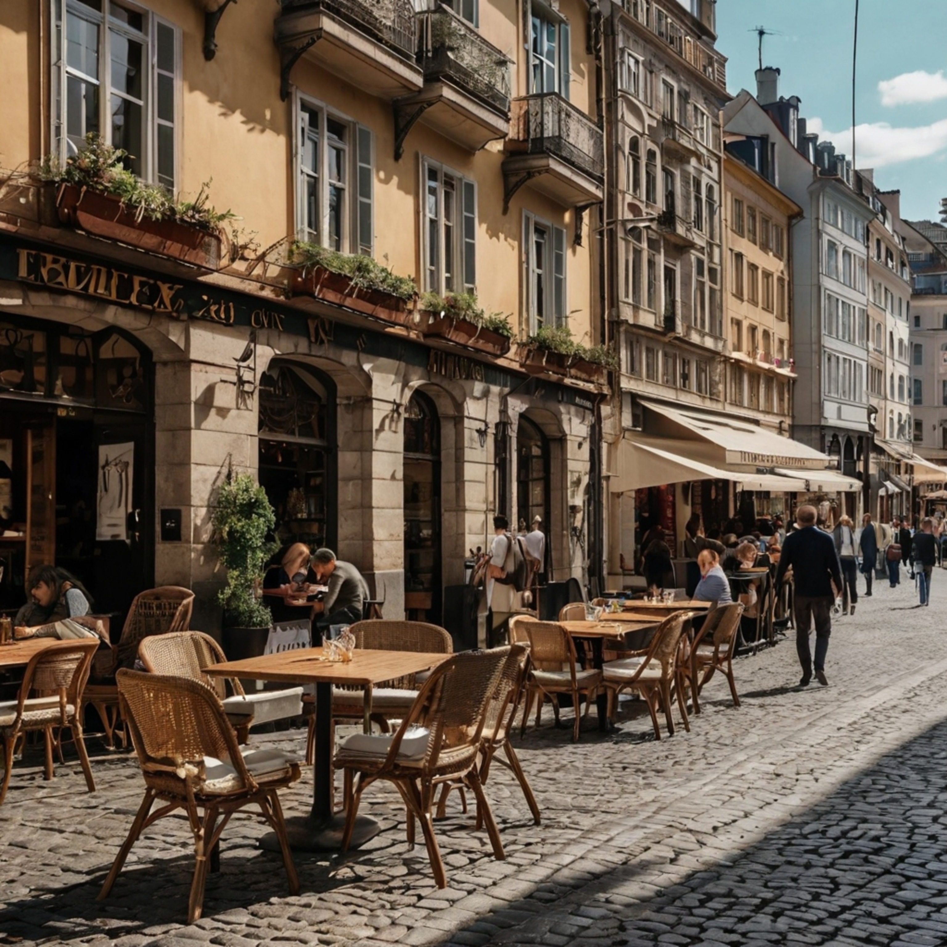 Experience the vibrant energy of a bustling European city street. Narrow cobblestone roads wind past charming cafes with out