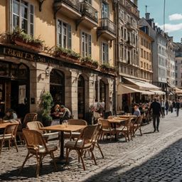 Experience the vibrant energy of a bustling European city street.  Narrow cobblestone roads wind past charming cafes with out