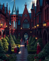Discover a breathtaking magical school, rendered in rich burgundy and deep blue, filled with young wizards.  Its sophisticate