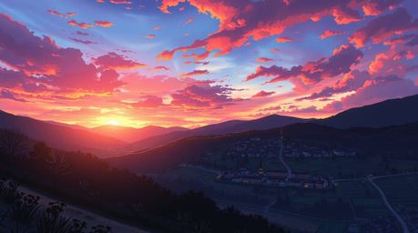 A captivating Isekai-style anime illustration showcases a peaceful village nestled in a vibrant valley.  Bathed in the warm g