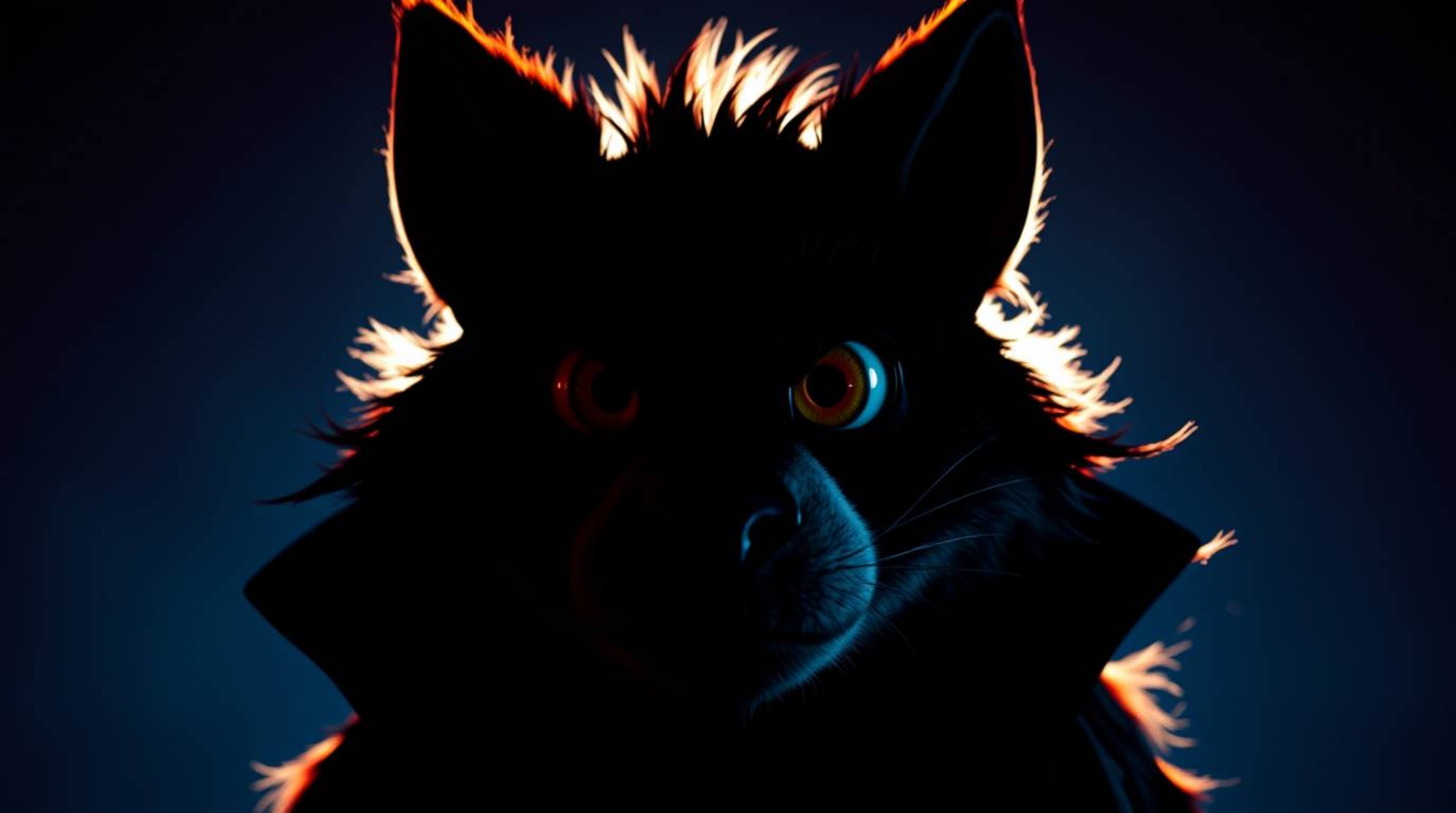 A captivating image of a sarcastic animal sidekick, silhouetted against a vibrant, electric backdrop.  Expressive eyes are th