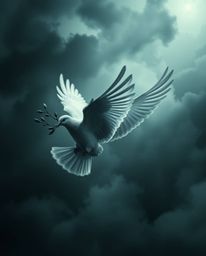 This image depicts a powerful scene of hope amidst adversity. A dove carrying an olive branch flies through a turbulent, stor