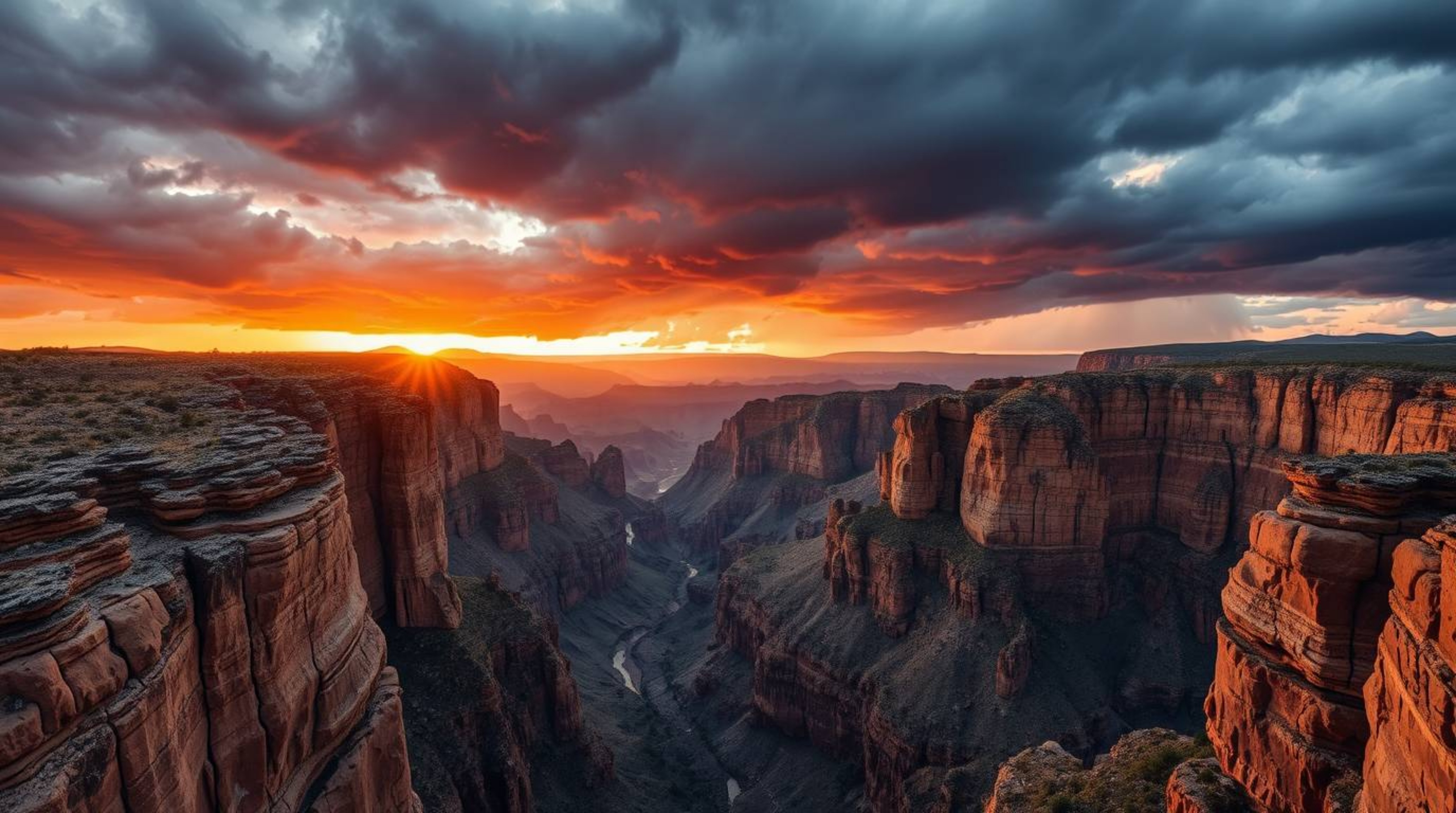 Experience the dramatic beauty of a rocky canyon at sunset under intensely stormy skies. This cinematic style image captures 