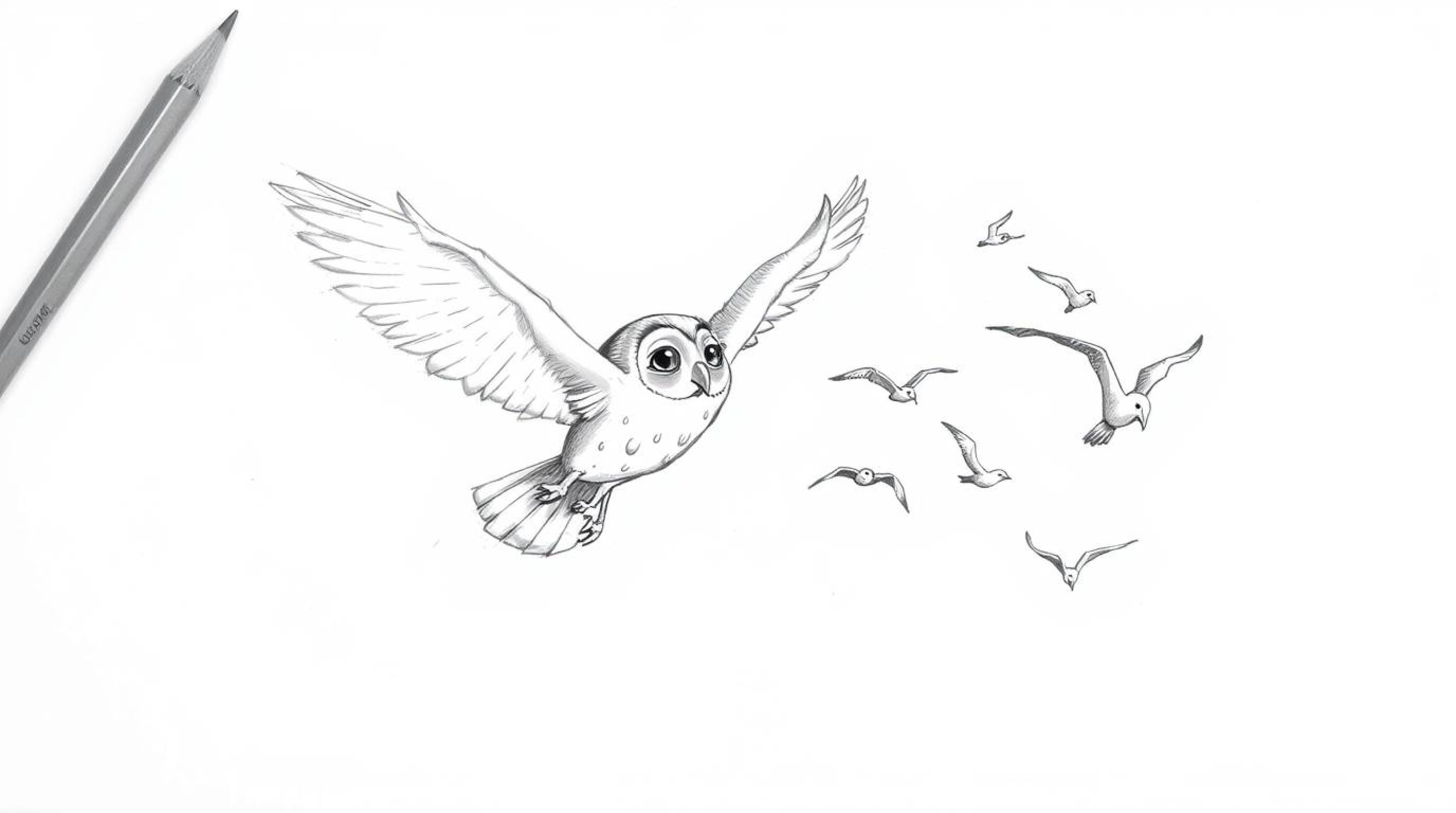 A heartwarming Pixar-style sketch depicts a blind owl mid-flight, gently guiding a flock of birds. The owl, rendered with sof