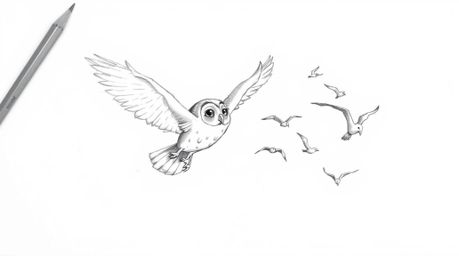 A heartwarming Pixar-style sketch depicts a blind owl mid-flight, gently guiding a flock of birds. The owl, rendered with sof
