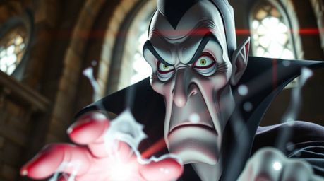 An extreme macro close-up captures a classic Disney villain with sharp features and pale skin, intensely focused on casting a