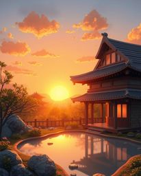 Immerse yourself in an adorable and cute depiction of a serene Zen garden, bathed in the warm glow of golden hour light. This