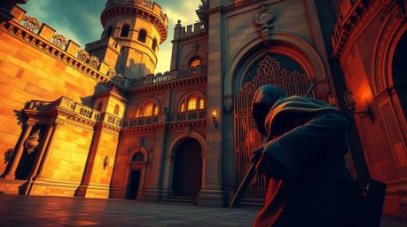 This image captures a scene of high tension and visual splendor: a thief sneaking into a heavily guarded castle depicted thro