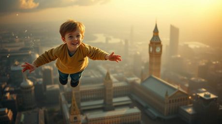 A young boy soars above a grand, modern future London powered by pixie dust, bathed in gentle soft light and captured with an
