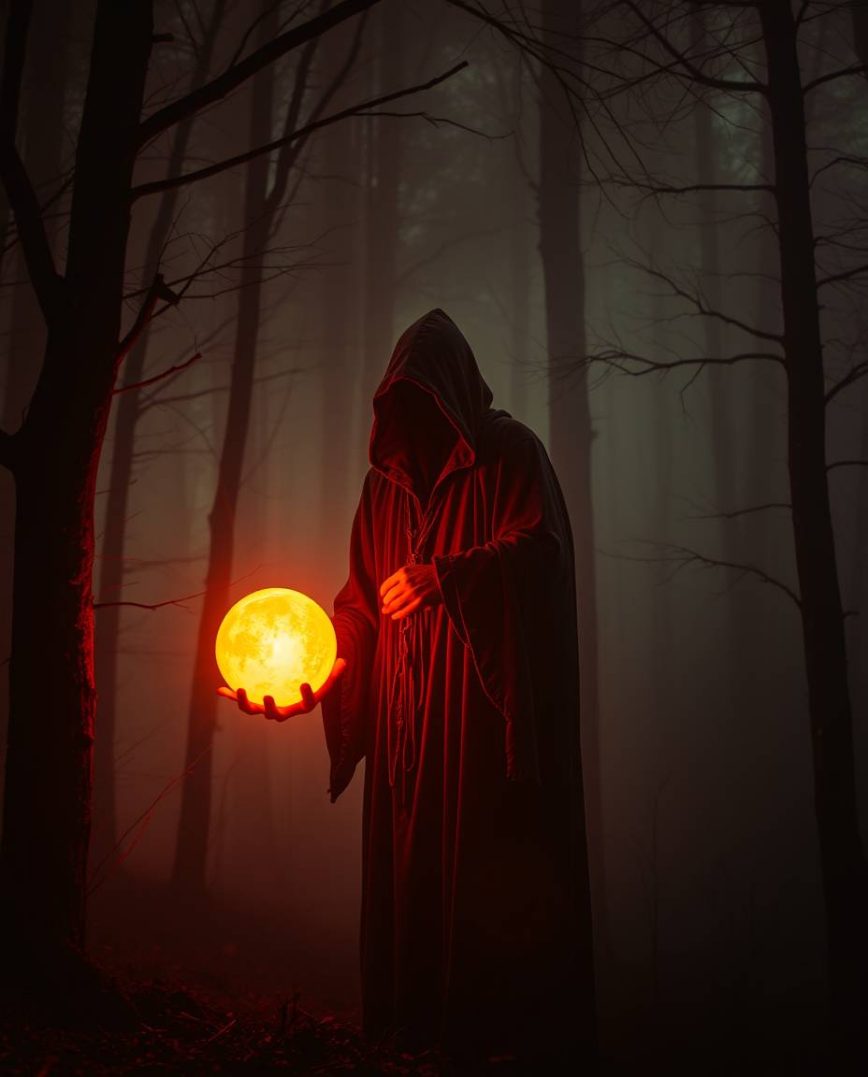 A high-resolution stock photo depicting a cloaked figure in a misty forest holding a glowing orb.  The image evokes a warm, e