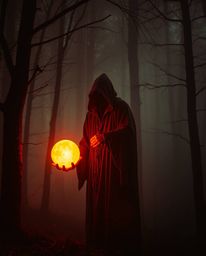 A high-resolution stock photo depicting a cloaked figure in a misty forest holding a glowing orb.  The image evokes a warm, e