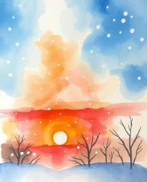A delicate watercolor painting captures a vibrant sunset with falling snowflakes. This artwork is distinguished by a strong b