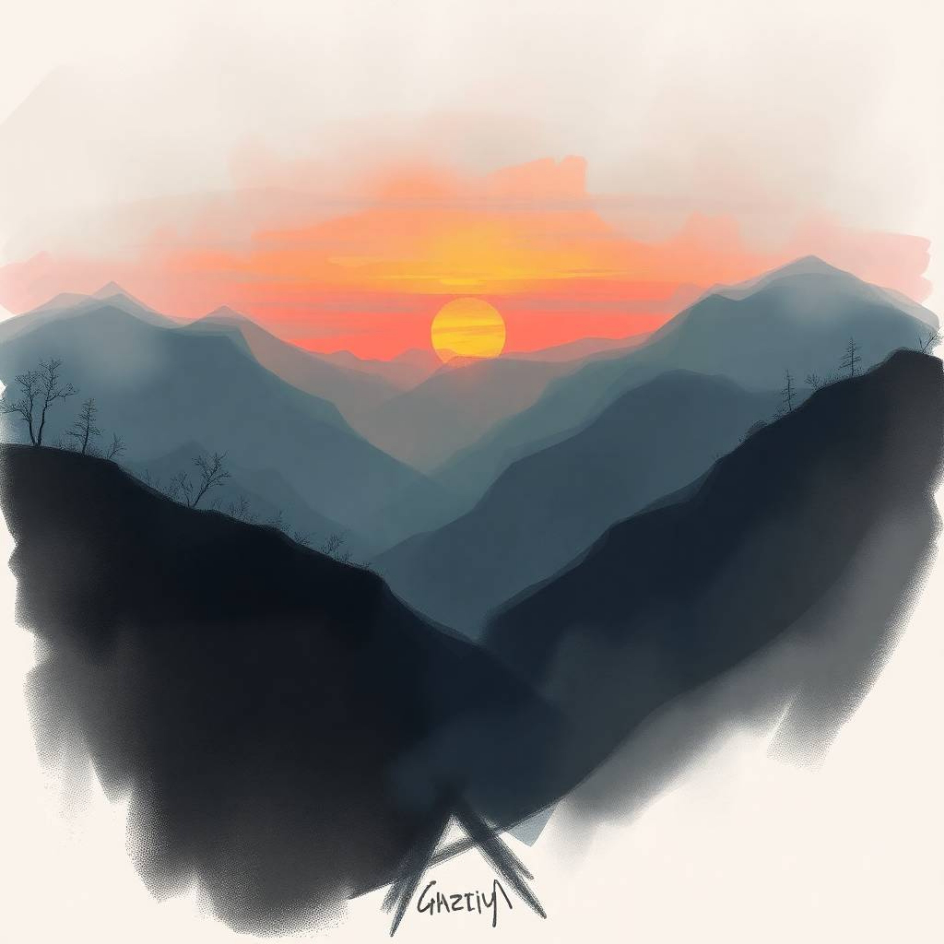 A misty atmospheric digital sketch capturing a sunset over a quiet mountain valley. The artwork features loose, painterly str