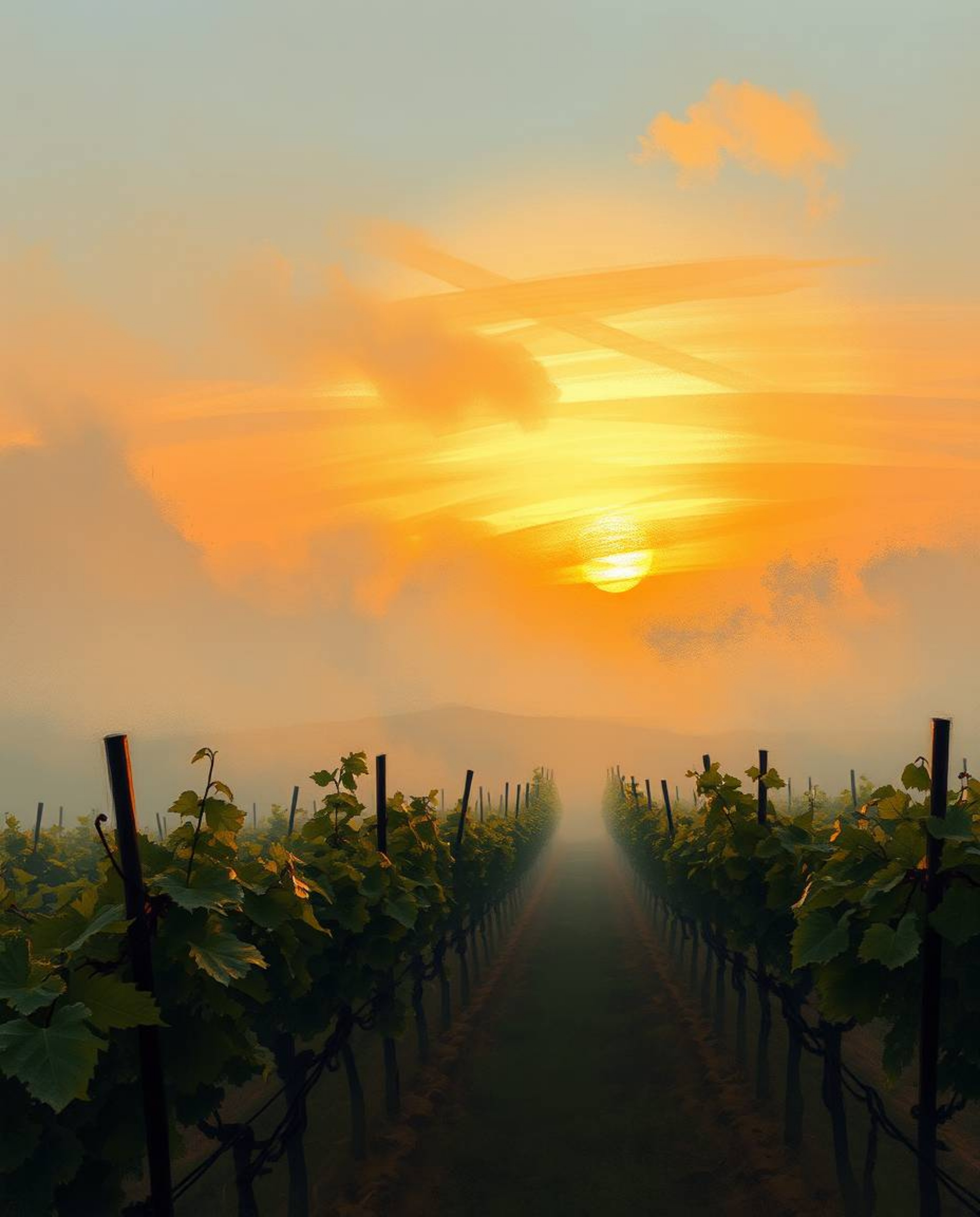 An extreme macro close-up digital sketch captures a misty sunset over a vineyard, transforming it into a stunning fantasy sce