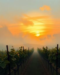 An extreme macro close-up digital sketch captures a misty sunset over a vineyard, transforming it into a stunning fantasy sce