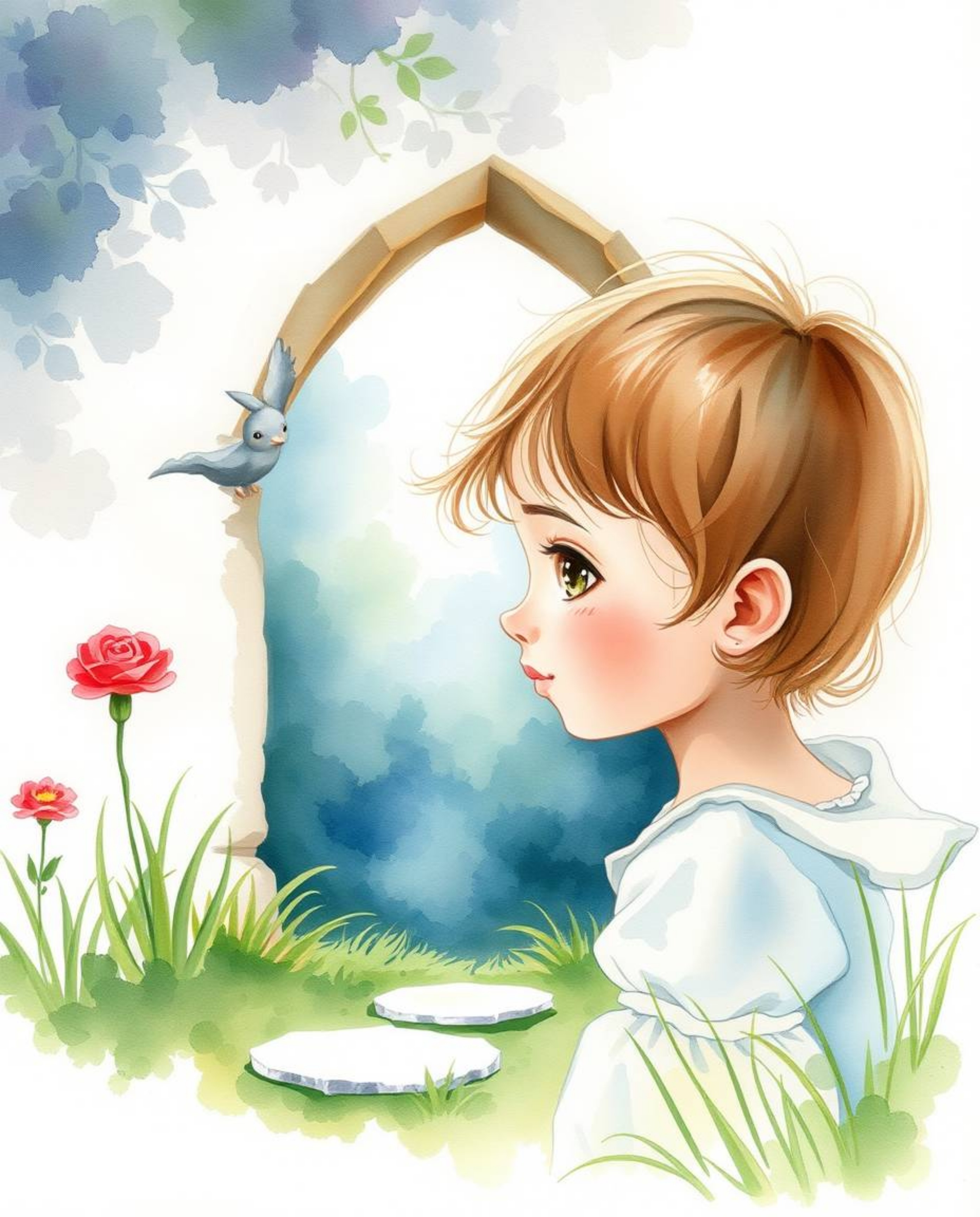 A delicate watercolor painting captures a child with graceful features as they stumble upon a magical portal hidden within th