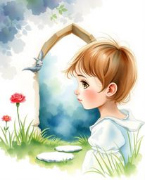 A delicate watercolor painting captures a child with graceful features as they stumble upon a magical portal hidden within th