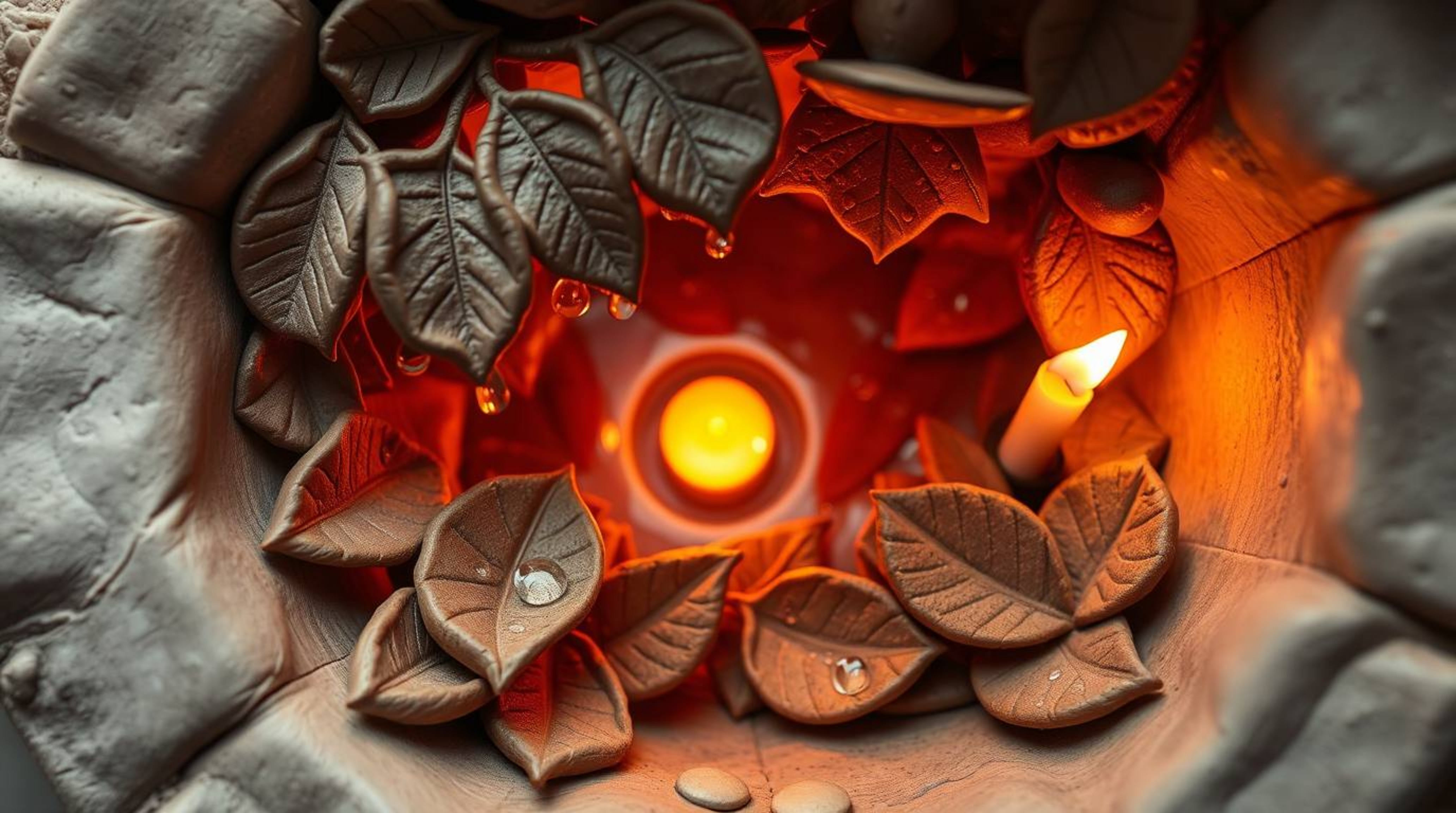 This sculptural clay artwork presents a captivating bird's-eye view of a sunset beautifully reflecting in raindrops on leaves