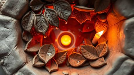 This sculptural clay artwork presents a captivating bird's-eye view of a sunset beautifully reflecting in raindrops on leaves