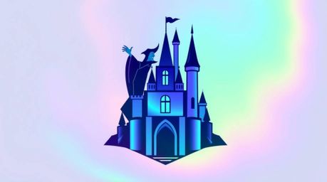 An iridescent logo featuring a classic Disney villain casting a spell within a clean-lined, geometric old castle design. The 
